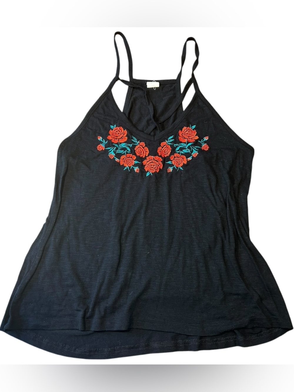 Whimsygoth Black tank top with red rose embroidery and crisscross straps. Large